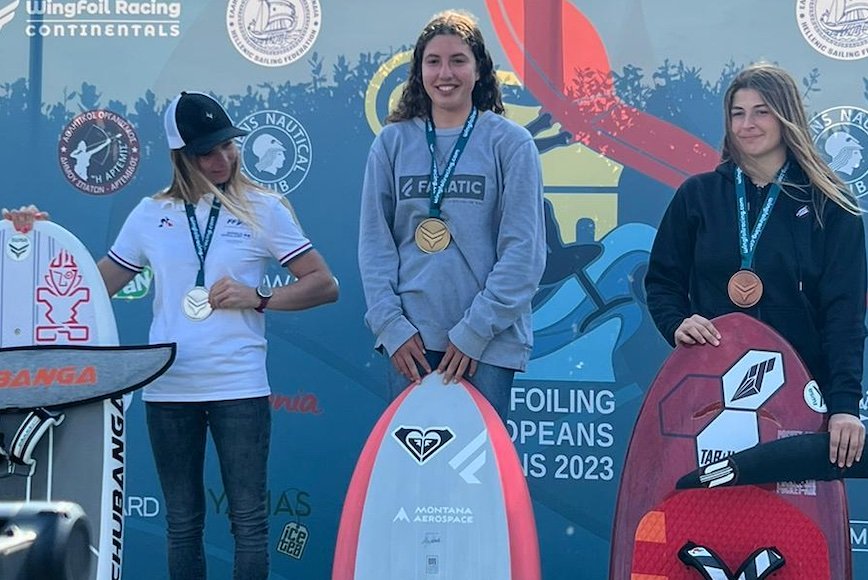 Foto del podio degli europei di Wingfoil con Maddalena Spanu